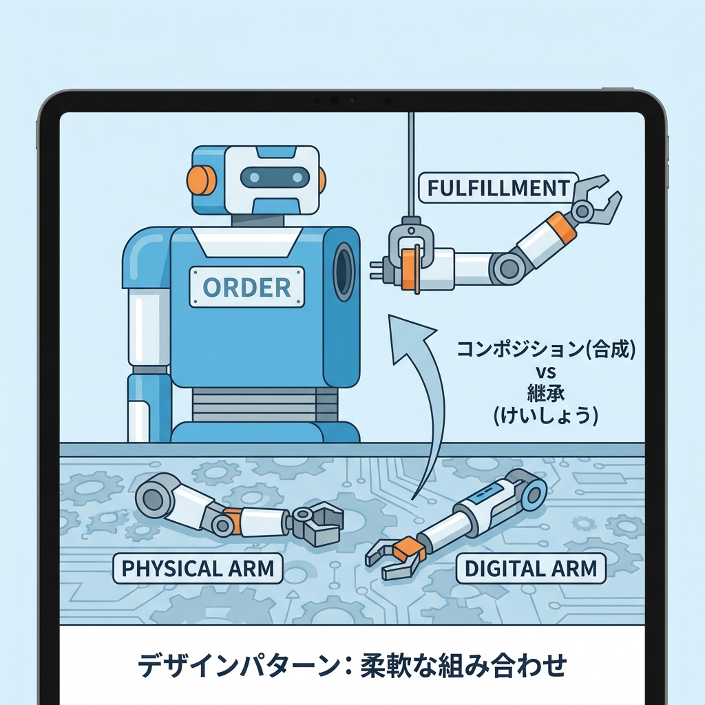 Robot body (Order) with swappable tool arms (Fulfillment).