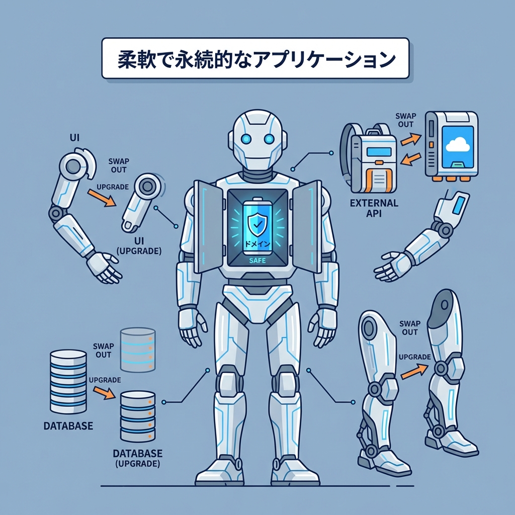 Swappable Robot Assembly: Core Battery (Domain) stays, Arms/Legs (Infrastructure) are swapped.
